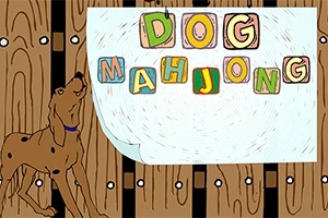 Drewniane tło z psem i kolorowymi literami tworzącymi napis DOG MAHJONG