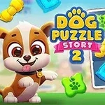 Uroczy piesek na kolorowym tle z układem elementów w kształcie kości i łapek