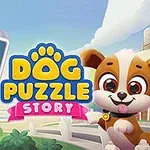 Szczęśliwy szczeniak obok kolorowego układu puzzli z klockami i piłką na tle bajkowego miasta