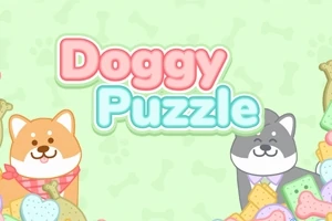 Grafika przedstawia dwa urocze rysunkowe psy otoczone kolorowymi ciasteczkami i kośćmi na zielonym tle z napisem Doggy Puzzle