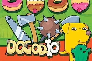 Żółty pies z kaktusem, narzędzia, broń kolczasta oraz tło z pączkami