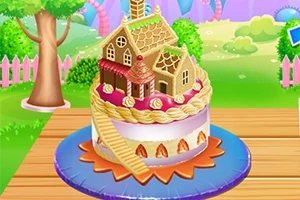 Ciasto udekorowane jako domek z piernika na kolorowym talerzu w ogrodzie