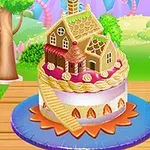 Ciasto udekorowane jako domek z piernika na kolorowym talerzu w ogrodzie