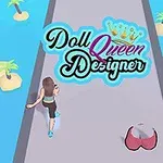 Postać biegnąca po wąskiej ścieżce otoczonej wodą z wysepkami i palmami, z widocznym napisem Doll Queen Designer