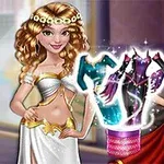 Dwie postacie kobiece w kolorowych sukniach stoją obok siebie z magicznie unoszącymi się ubraniami pomiędzy nimi