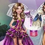 Dwie kobiety w sukienkach stoją obok siebie, prezentując różnorodne suknie, które unoszą się w powietrzu między nimi