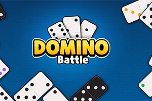 Niebieskie tło z rozrzuconymi kostkami domina i dużym napisem „Domino Battle” pośrodku