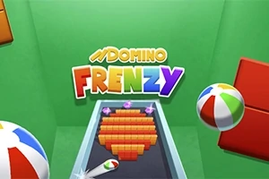 Kolorowe litery tworzące napis „DOMINO FRENZY” na zielonym tle z piłkami plażowymi i pionkami domina ułożonymi w kształt serca