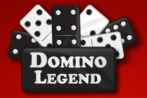 Czarne i białe kostki domina na czerwonym tle z napisem Domino Legend