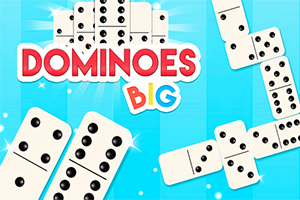 Napis DOMINOES BIG na niebieskim tle z ilustracją płytek domina z czarnymi kropkami