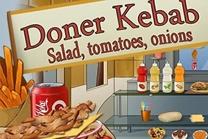 Stoisko z fast foodem oferujące doner kebab z dodatkami takimi jak sałata, pomidory i cebula, z widocznymi sosami, napojem gazowanym i frytkami