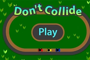 Trzy kolorowe samochodziki na owalnym torze, z dużym zielonym napisem Dont Collide i przyciskiem Play na środku