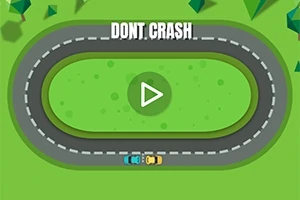 Owalny tor wyścigowy z dwoma samochodami, niebieskim i żółtym, z napisem DON’T CRASH na zielonym tle