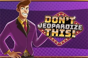 Mężczyzna w fioletowej marynarce i czerwonym krawacie z uśmiechem obok stylizowanego napisu Dont Jeopardize This!