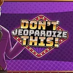 Mężczyzna w fioletowej marynarce i czerwonym krawacie z uśmiechem obok stylizowanego napisu Dont Jeopardize This!