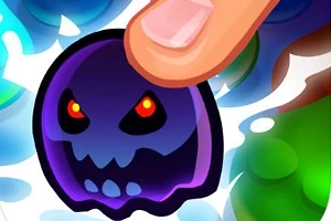 Fioletowy duch o czerwonych oczach i złowrogim wyrazie twarzy, dotykany przez duży palec, na kolorowym tle z jasnymi bąbelkami