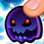 Fioletowy duch o czerwonych oczach i złowrogim wyrazie twarzy, dotykany przez duży palec, na kolorowym tle z jasnymi bąbelkami