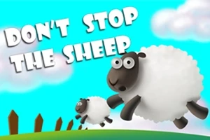 Dwie owce skaczą nad trawiastym wzgórzem z tekstem DONT STOP THE SHEEP na tle nieba z chmurami
