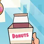 Rysunek przedstawia rękę trzymającą pudełko z napisem DONUTS oraz różowego pączka zawieszonego na sznurku na tle miasta