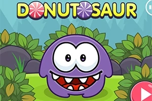 Fioletowy stworek z dużymi oczami i zębami na zielonym tle z liśćmi i kamieniami, z napisem DONUTOSAUR u góry