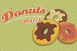 Ilustracja przedstawia trzy kolorowe pączki z różnymi polewami na tle zielonych pasków, z napisem Donuts Match w lewym górnym rogu