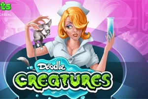 Kobieta w stroju pielęgniarki trzymająca fiolkę i małe stworzenie na jasnoróżowym tle z napisem Doodle Creatures