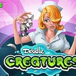 Kobieta w stroju pielęgniarki trzymająca fiolkę i małe stworzenie na jasnoróżowym tle z napisem Doodle Creatures