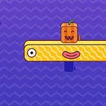 Uśmiechnięta, żółta platforma z twarzą oraz dynia z radosnym wyrazem, na fioletowym tle w zygzaki