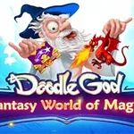 Czarodziej z długą brodą i niebieskim kapeluszem trzymający małego smoka ziejącego ogniem oraz magiczną różdżkę, na tle niebieskiego nieba