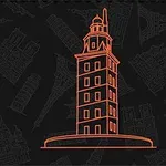 Ilustracja wieży z latarnią morską w stylu kreskowym na ciemnym tle z delikatnym wzorem przedstawiającym różne budowle