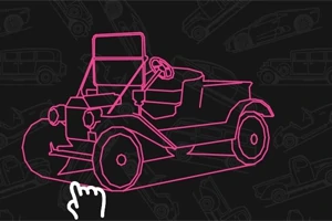 Różowy szkic starego samochodu na ciemnym tle z ikoną ręki wskazującej na pojazd