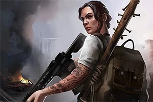 Uzbrojona kobieta z plecakiem, tatuażami na ramieniu i karabinem, stojąca na tle płonących ruin i dymu