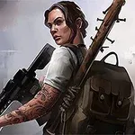 Uzbrojona kobieta z plecakiem, tatuażami na ramieniu i karabinem, stojąca na tle płonących ruin i dymu