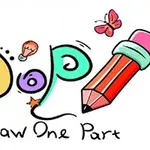 Napis Draw One Part z kolorowymi literami i grafiką ołówka, wiśni oraz motyla