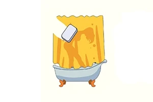 Wanna z zasłoną, za którą widać cień postaci biorącej prysznic