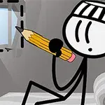 Postać narysowana w stylu kreskówkowym siedząca w celi więziennej z dużym ołówkiem w ręku, patrząca na okno z kratami