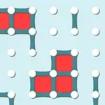 Plansza z niebieskimi liniami łączącymi białe kropki i tworzącymi czerwone kwadraty na jasnoniebieskim tle