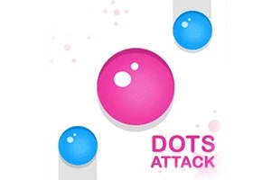 Duża różowa kula otoczona mniejszymi niebieskimi kulami z napisem Dots Attack
