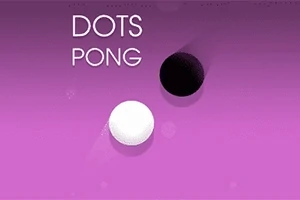 Dwa kontrastujące kropki, czarna i biała, na fioletowym tle z napisem DOTS PONG