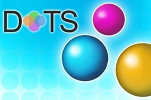 Trzy kolorowe kule (różowa, niebieska i żółta) na niebieskim tle z napisem DOTS