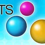 Trzy kolorowe kule (różowa, niebieska i żółta) na niebieskim tle z napisem DOTS