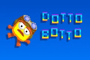 Pomarańczowy stworek z okularami pilota na niebieskim tle obok kolorowego napisu Dotto Botto