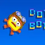 Pomarańczowy stworek z okularami pilota na niebieskim tle obok kolorowego napisu Dotto Botto