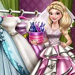 Młoda kobieta w sukni ślubnej trzyma koszyk z farbami, stojąc obok rzędu różnych sukni ślubnych na wieszaku