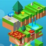 Pikselowa wyspa z bloków z drzewami, wodospadem, drogowymi elementami i pojazdem na tle nieba