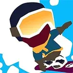 Postać w kasku i goglach na snowboardzie w dynamicznej pozie na tle niebieskiego nieba i białych chmur