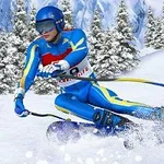 Narciarz w niebieskim kombinezonie zjeżdżający po ośnieżonym stoku w otoczeniu zaśnieżonych drzew
