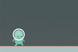 Zielona postać z hełmem na głowie stojąca na brzegu wody na szarym tle