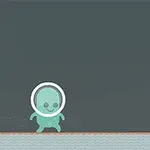 Zielona postać z hełmem na głowie stojąca na brzegu wody na szarym tle