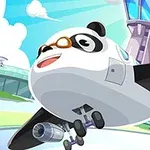 Panda przebrana za samolot z uśmiechem, w goglach, unosząca się w pobliżu wieży kontrolnej na tle jasnego, niebieskiego nieba